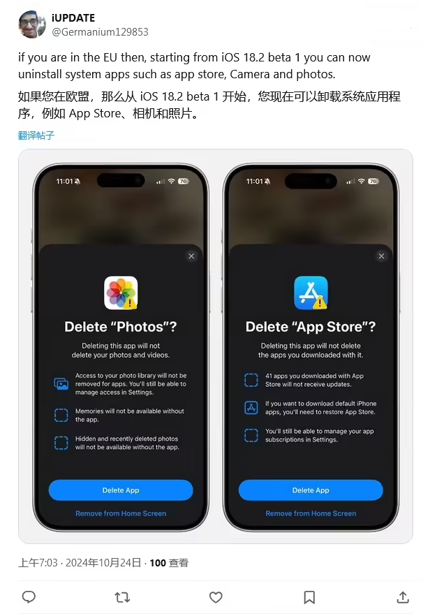 雷州苹果手机维修分享iOS 18.2 支持删除 App Store 应用商店 