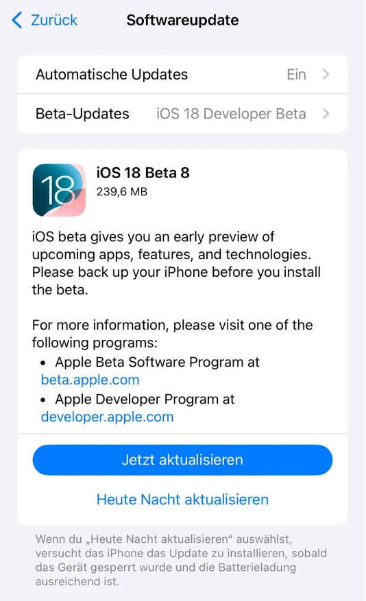 雷州苹果手机维修分享苹果 iOS / iPadOS 18 开发者预览版 Beta 8 发布 